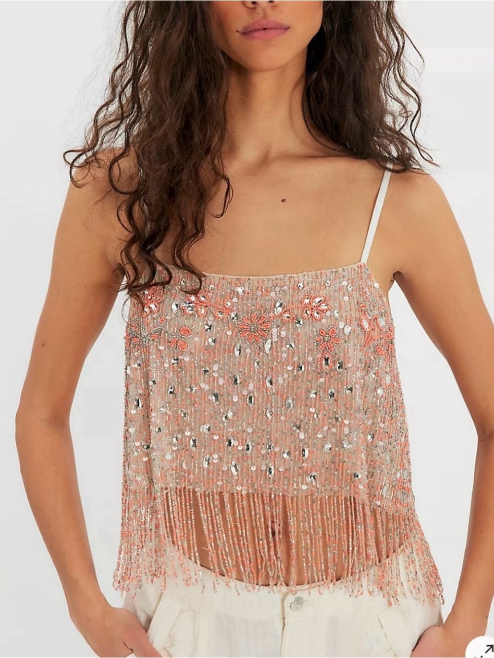 Free People Juliet Beaded Fringe Cami Top in Coral Pink